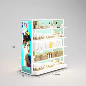 Perfumería Góndola SQ, estantes de madera con iluminación led, fondo policarbonato y Tarima (Tubo Cuadrado25mm)