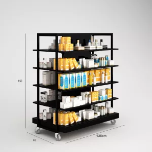 Cremas Solares/Aloe Vera Góndola Terraza SQ, estantes de madera, fondo liso y Tarima (Tubo Cuadrado25mm)