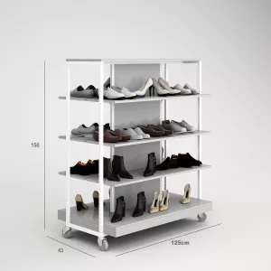 Calzado Góndola Terraza SQ, estantes de madera, fondo liso y Tarima (Tubo Cuadrado25mm)