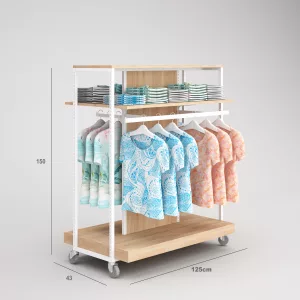 Confección Góndola Terraza SQ, barra colgadora, perchero, madera fondo y Tarima (Tubo Cuadrado25mm)