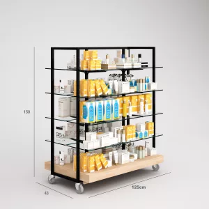 Cremas Solares/Aloe Vera Góndola Terraza SQ, estantes de cristal y Tarima (Tubo Cuadrado25mm)