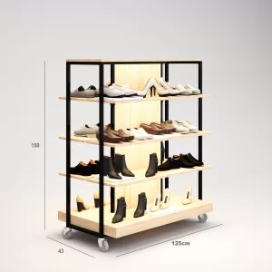 Calzado Góndola Terraza SQ, estantes de madera con iluminación led, fondo liso y Tarima (Tubo Cuadrado25mm)