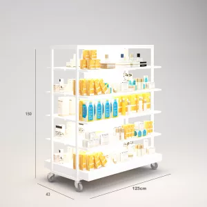 Cremas Solares/Aloe Vera Góndola Terraza SQ, estantes de madera con iluminación, fondo liso y Tarima (Tubo Cuadrado25mm)