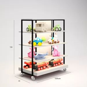 Juguetes Góndola Terraza SQ, estantes de madera con iluminación led, fondo liso y Tarima (Tubo Cuadrado25mm)