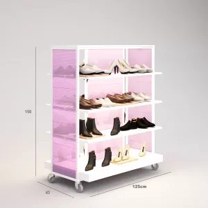 Calzado Góndola Terraza SQ, estantes de madera con iluminación led, fondo policarbonato y Tarima (Tubo Cuadrado25mm)