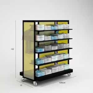 Confección Góndola Terraza SQ, estantes de madera, fondo policarbonato y Tarima (Tubo Cuadrado25mm)