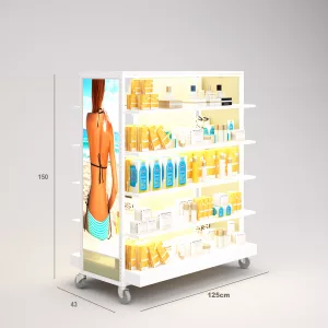 Cremas Solares/Aloe Vera Góndola Terraza SQ, estantes de madera con iluminación, fondo policarbonato y Tarima (Tubo Cuadrado25mm)