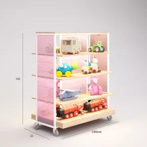 Juguetes Góndola Terraza SQ, estantes de madera con iluminación led, fondo policarbonato y Tarima (Tubo Cuadrado25mm)